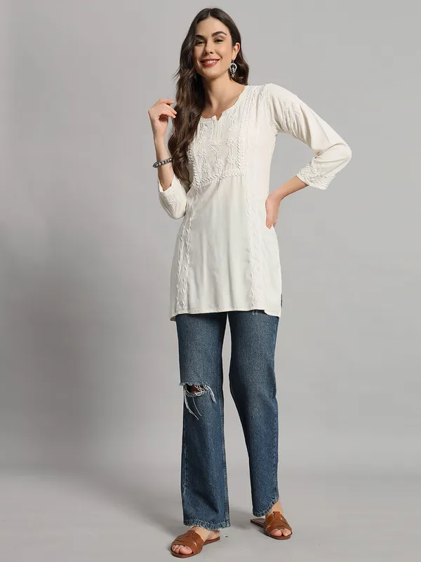 Cotton_Rayon_Short_Off_White_Kurti_For_Women