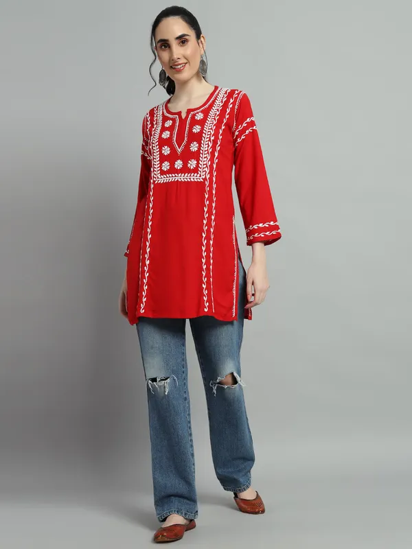 Cotton_Rayon_Short_Red_Kurti_For_Women