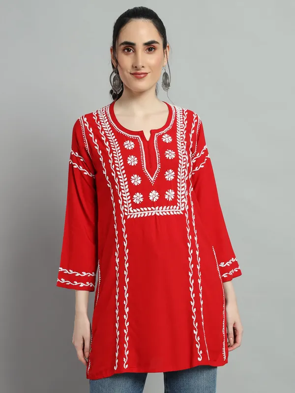 Cotton_Rayon_Short_Red_Kurti_For_Women