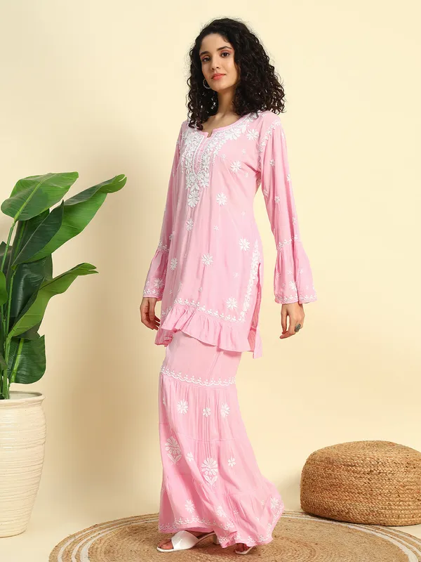 Chikan_Embroidered_Modal_Kurta_Gharara_Set_Baby_Pink