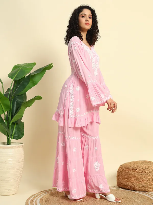 Chikan_Embroidered_Modal_Kurta_Gharara_Set_Baby_Pink