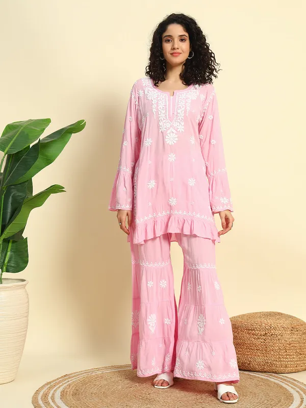 Chikan_Embroidered_Modal_Kurta_Gharara_Set_Baby_Pink