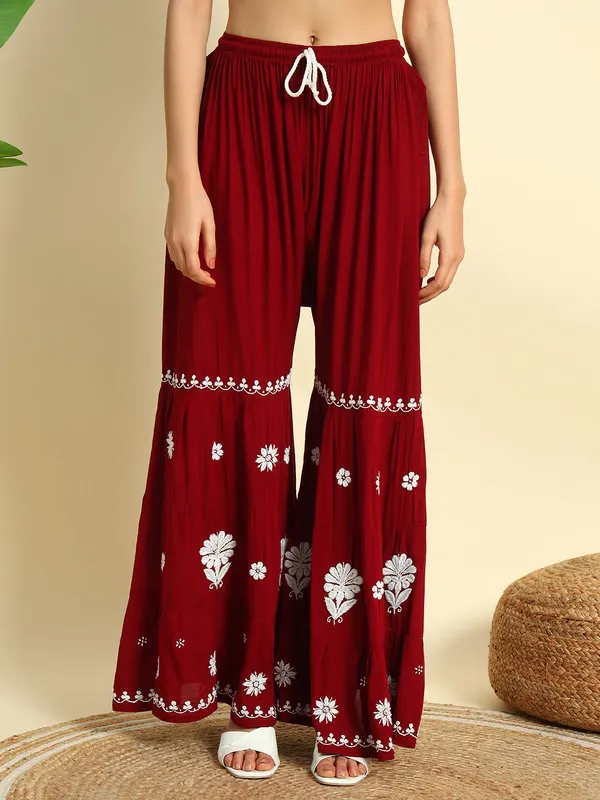 Chikan_Embroidered_Modal_Kurta_Gharara_Set_Maroon