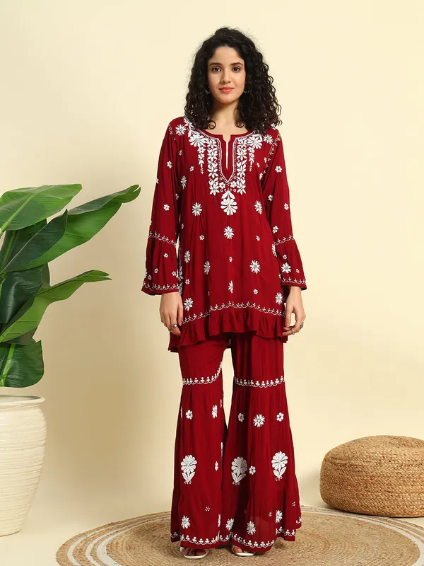 Chikan_Embroidered_Modal_Kurta_Gharara_Set_Maroon