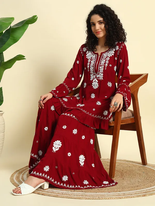 Chikan_Embroidered_Modal_Kurta_Gharara_Set_Maroon