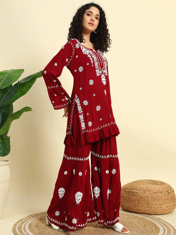 Chikan_Embroidered_Modal_Kurta_Gharara_Set_Maroon