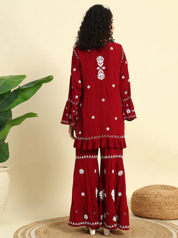 Chikan_Embroidered_Modal_Kurta_Gharara_Set_Maroon