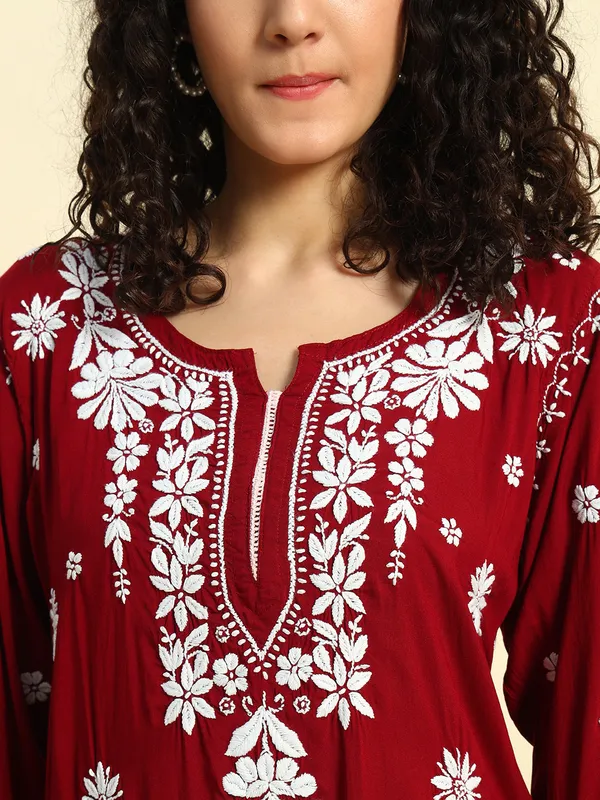 Chikan_Embroidered_Modal_Kurta_Gharara_Set_Maroon