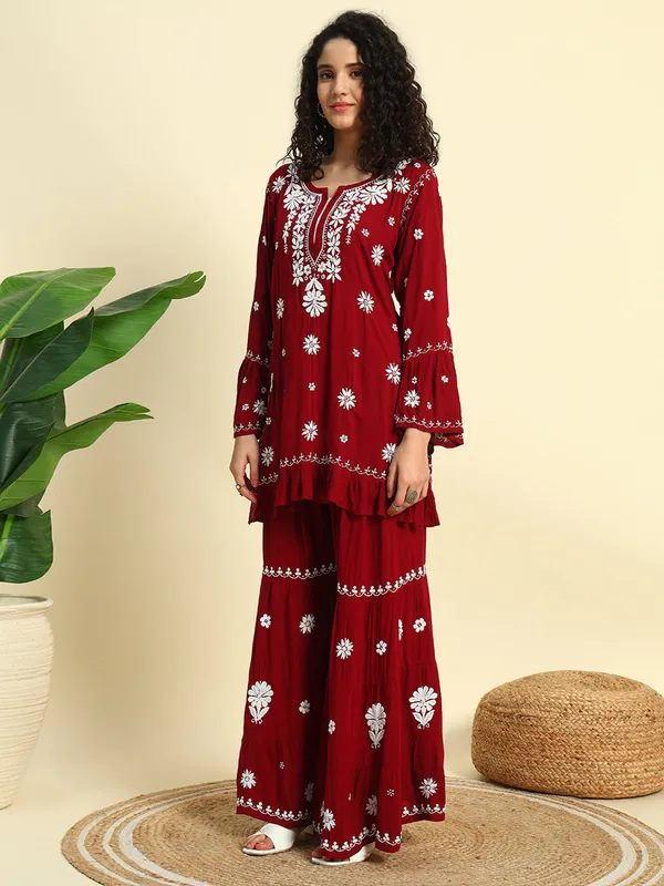 Chikan_Embroidered_Modal_Kurta_Gharara_Set_Maroon