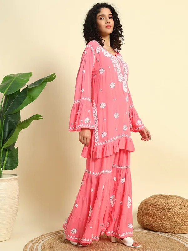 Chikan_Embroidered_Modal_Kurta_Gharara_Set_Peach