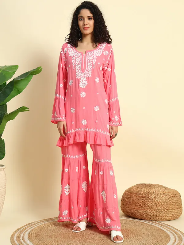 Chikan_Embroidered_Modal_Kurta_Gharara_Set_Peach