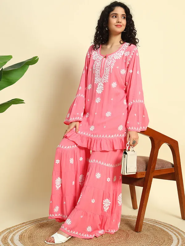 Chikan_Embroidered_Modal_Kurta_Gharara_Set_Peach