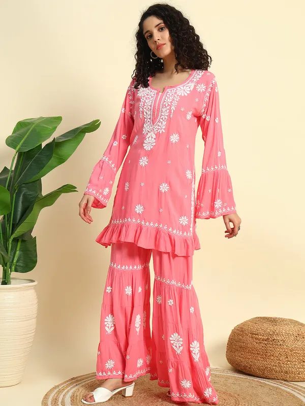 Chikan_Embroidered_Modal_Kurta_Gharara_Set_Peach