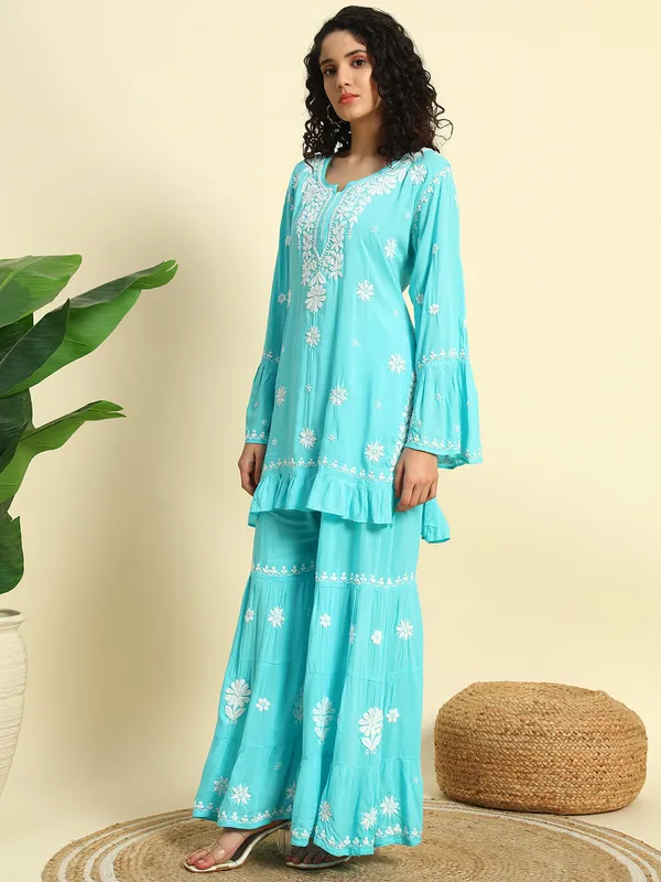 Chikan_Embroidered_Modal_Kurta_Gharara_Set_Sky_Blue