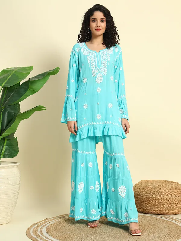 Chikan_Embroidered_Modal_Kurta_Gharara_Set_Sky_Blue