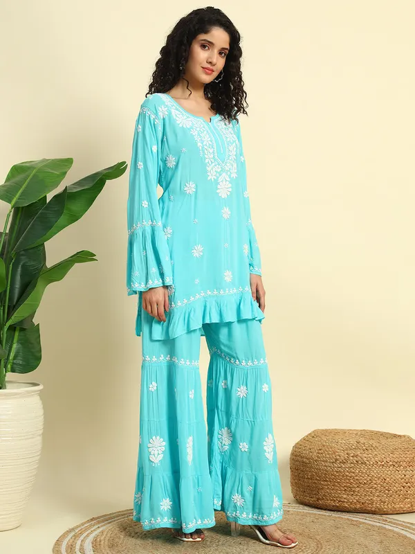 Chikan_Embroidered_Modal_Kurta_Gharara_Set_Sky_Blue