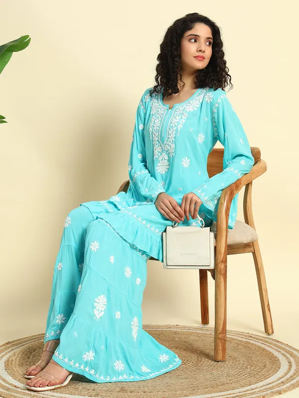 Chikan_Embroidered_Modal_Kurta_Gharara_Set_Sky_Blue