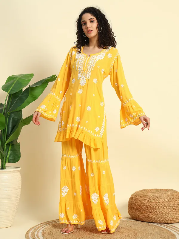 Chikan_Embroidered_Modal_Kurta_Gharara_Set_Yellow