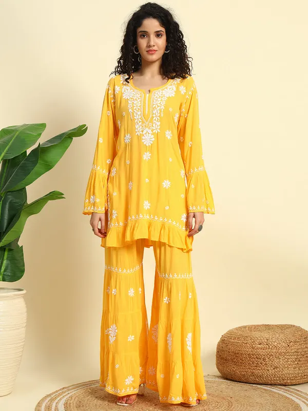 Chikan_Embroidered_Modal_Kurta_Gharara_Set_Yellow