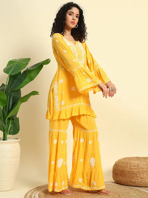 Chikan_Embroidered_Modal_Kurta_Gharara_Set_Yellow