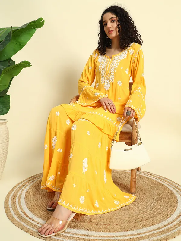 Chikan_Embroidered_Modal_Kurta_Gharara_Set_Yellow