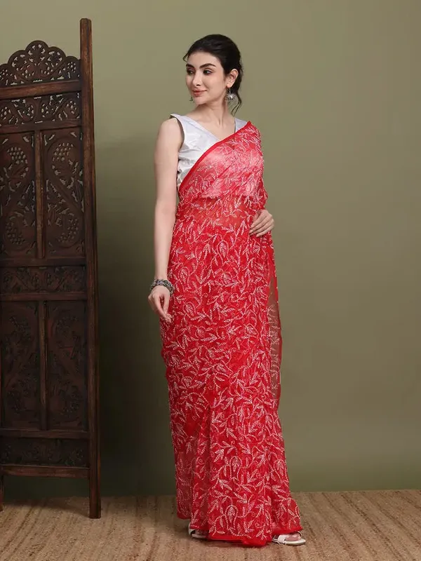 Exclusive_Tepchi_Hand_Made_Chikankari_Saree_Red_Female_Adults