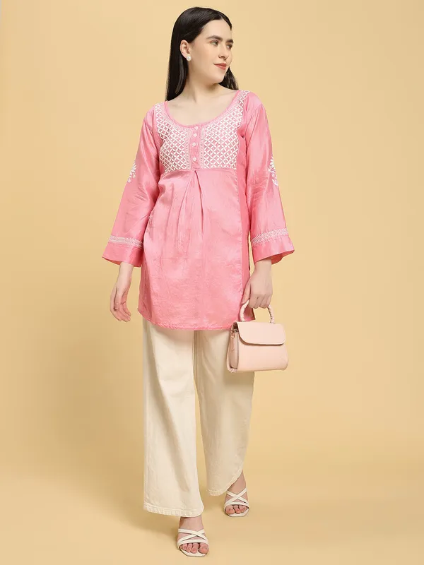 Pure_Chanderi_Silk_Short_Kurti_Dark_Pink