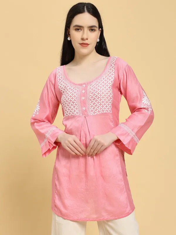 Pure_Chanderi_Silk_Short_Kurti_Dark_Pink