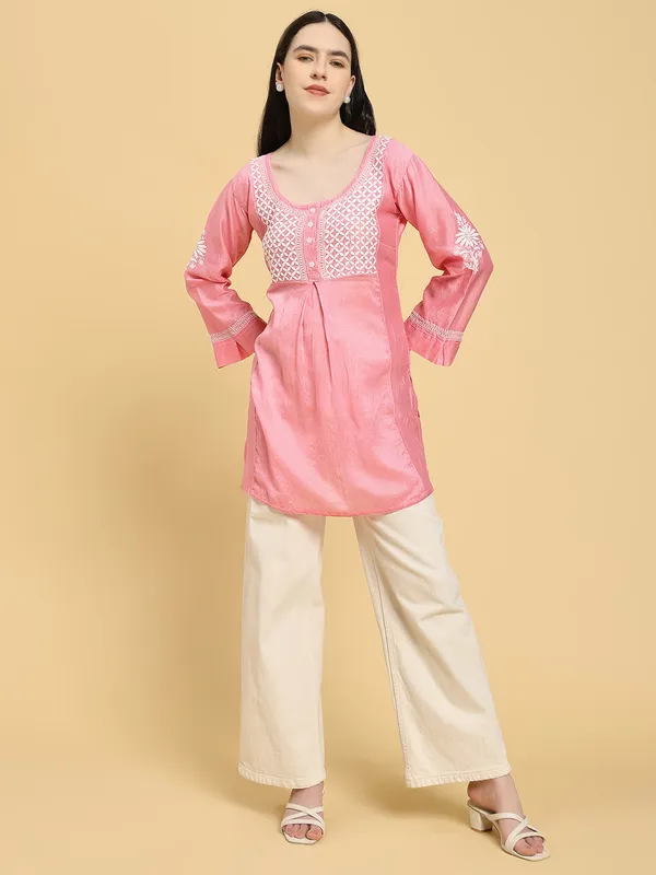 Pure_Chanderi_Silk_Short_Kurti_Dark_Pink