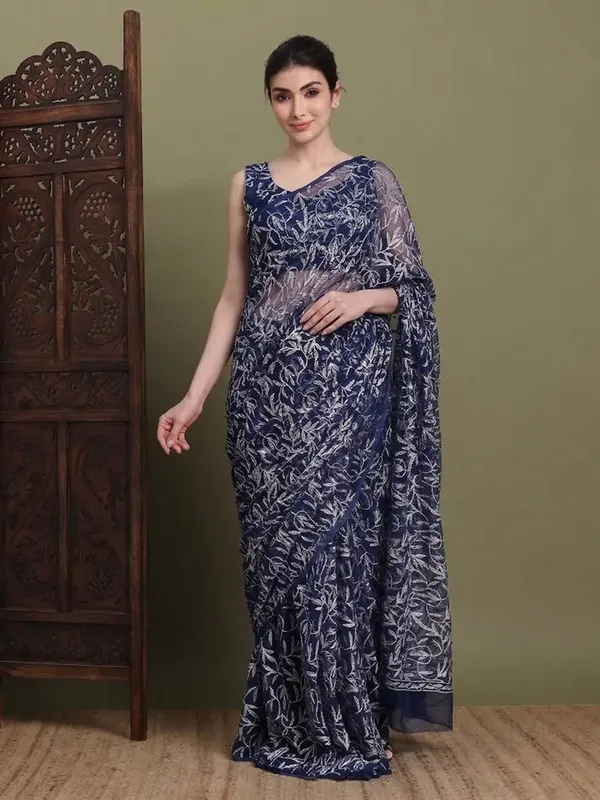 Exclusive_Tepchi_Hand_Made_Chikankari_Saree_Neavy_Blue_Female_Adults