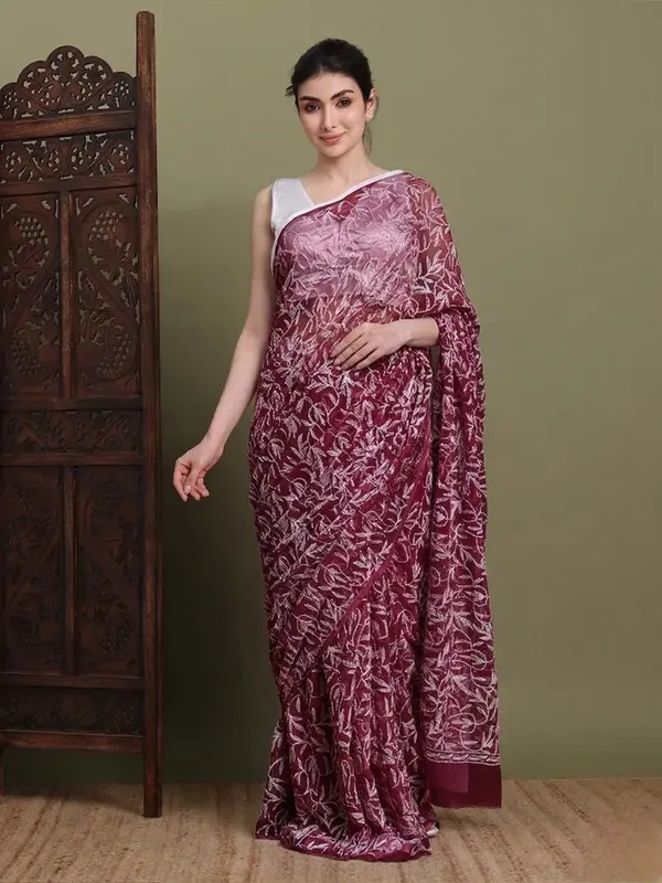 Exclusive_Tepchi_Hand_Made_Chikankari_Saree_Maroon_Female_Adults