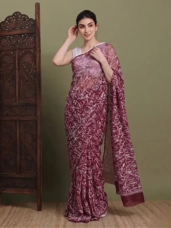 Exclusive_Tepchi_Hand_Made_Chikankari_Saree_Maroon_Female_Adults