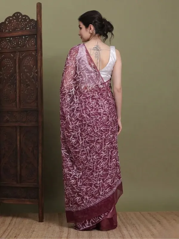 Exclusive_Tepchi_Hand_Made_Chikankari_Saree_Maroon_Female_Adults
