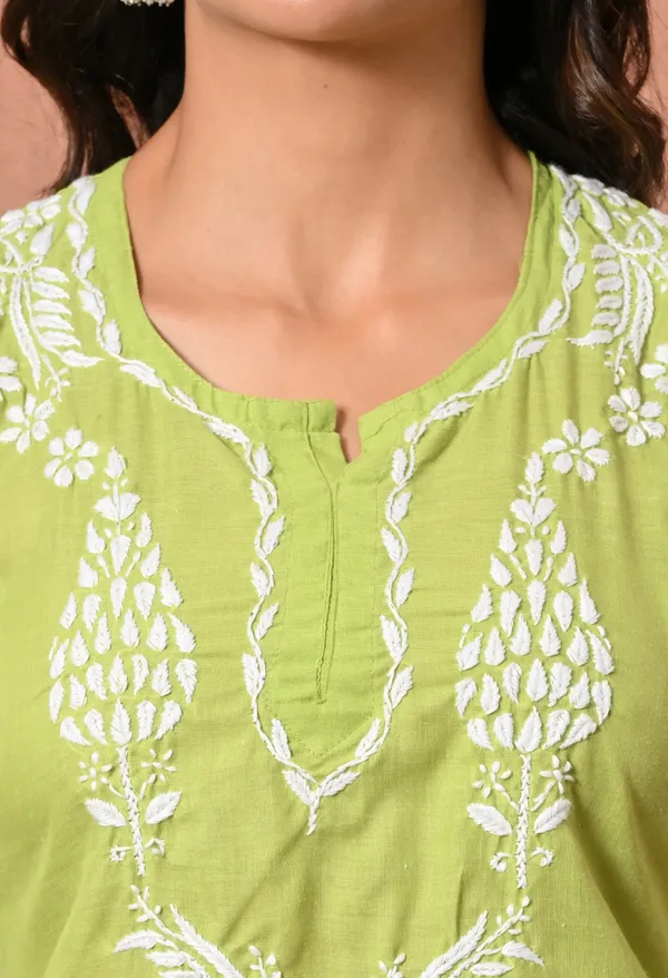 Women_Hand_Embroidered_Lucknowi_Chikankari_Cotton_Straight_Short_Top_Parrot_Green_Parrot_Green