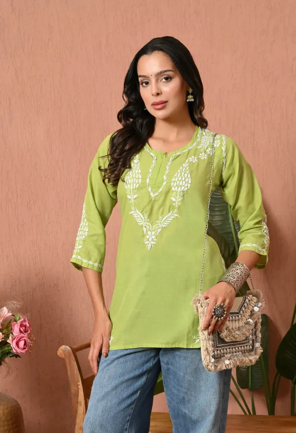 Women_Hand_Embroidered_Lucknowi_Chikankari_Cotton_Straight_Short_Top_Parrot_Green_Parrot_Green