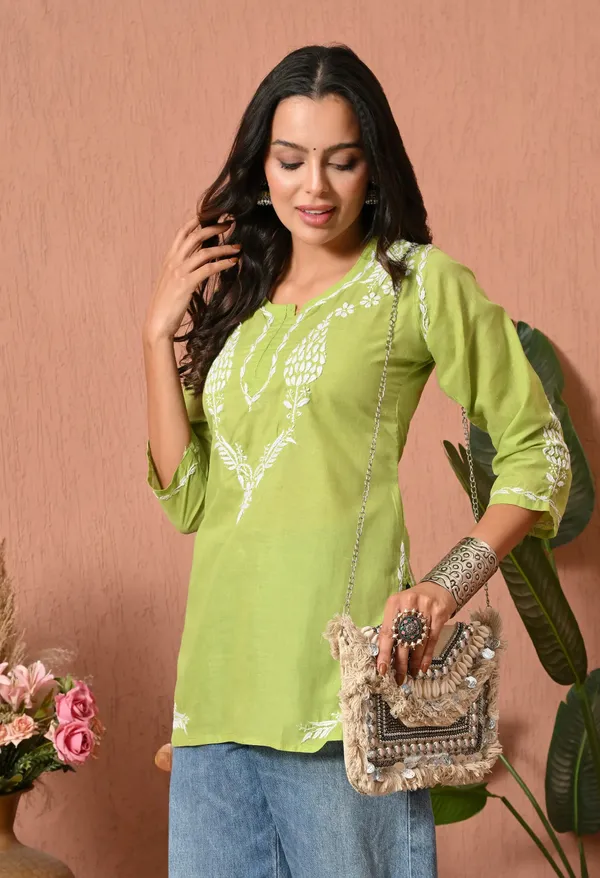 Women_Hand_Embroidered_Lucknowi_Chikankari_Cotton_Straight_Short_Top_Parrot_Green_Parrot_Green