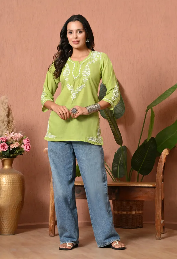 Women_Hand_Embroidered_Lucknowi_Chikankari_Cotton_Straight_Short_Top_Parrot_Green_Parrot_Green