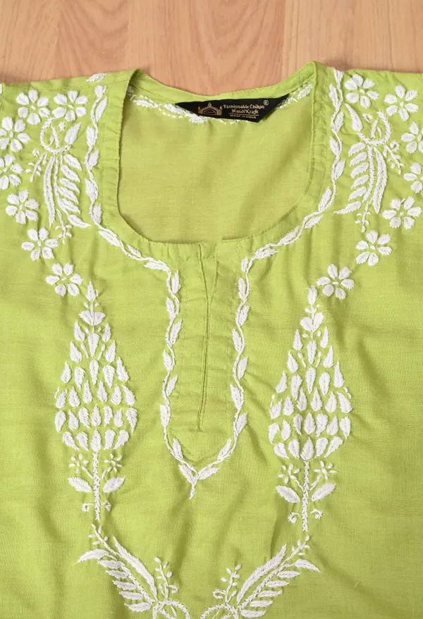 Women_Hand_Embroidered_Lucknowi_Chikankari_Cotton_Straight_Short_Top_Parrot_Green_Parrot_Green
