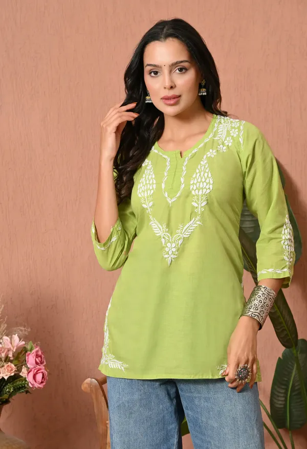 Women_Hand_Embroidered_Lucknowi_Chikankari_Cotton_Straight_Short_Top_Parrot_Green_Parrot_Green