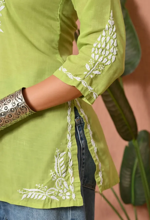 Women_Hand_Embroidered_Lucknowi_Chikankari_Cotton_Straight_Short_Top_Parrot_Green_Parrot_Green