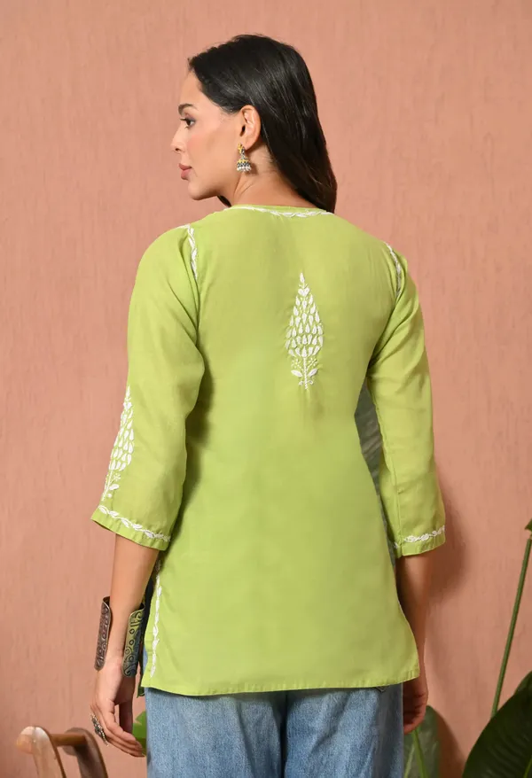 Women_Hand_Embroidered_Lucknowi_Chikankari_Cotton_Straight_Short_Top_Parrot_Green_Parrot_Green
