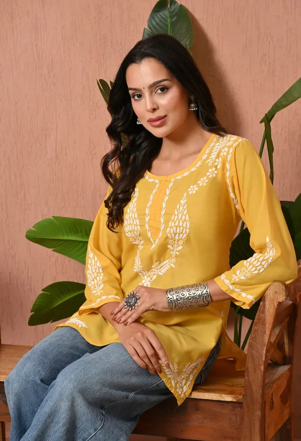 Women_Hand_Embroidered_Lucknowi_Chikankari_Cotton_Straight_Short_Top_Yellow_Colour_Yellow