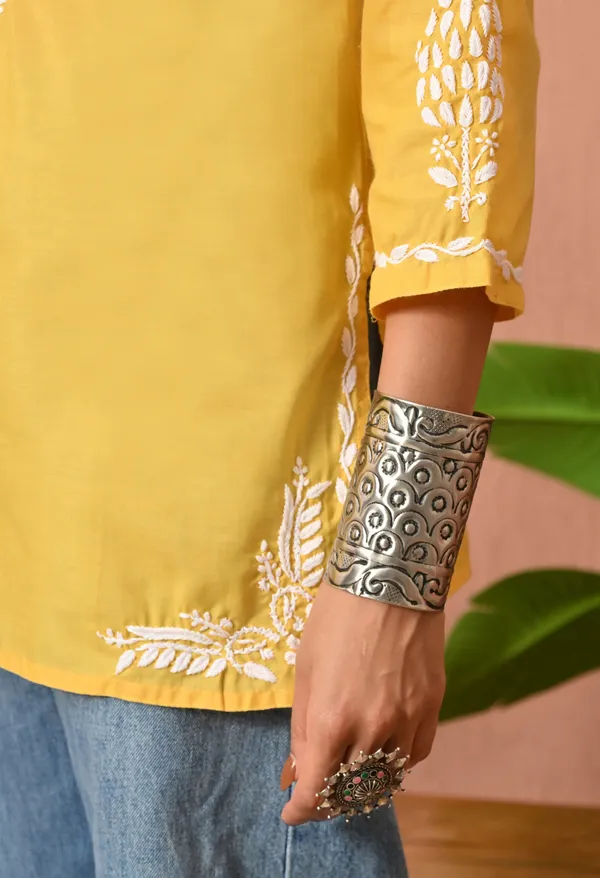 Women_Hand_Embroidered_Lucknowi_Chikankari_Cotton_Straight_Short_Top_Yellow_Colour_Yellow