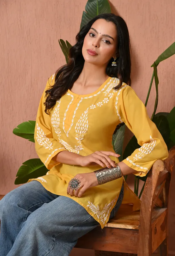 Women_Hand_Embroidered_Lucknowi_Chikankari_Cotton_Straight_Short_Top_Yellow_Colour_Yellow
