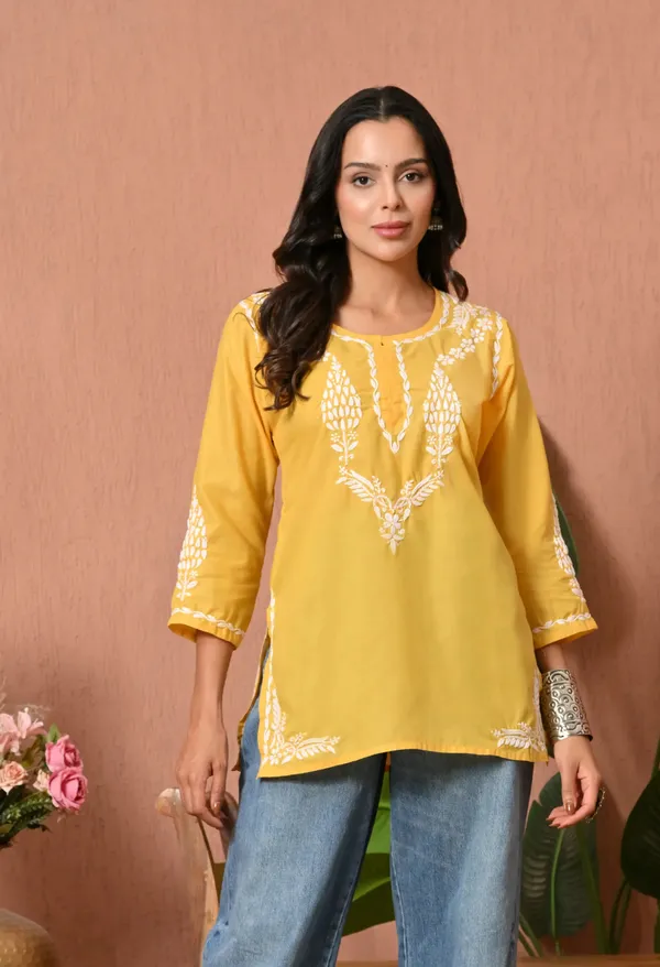 Women_Hand_Embroidered_Lucknowi_Chikankari_Cotton_Straight_Short_Top_Yellow_Colour_Yellow