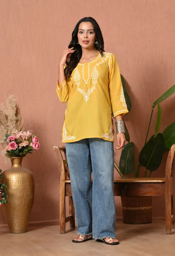 Women_Hand_Embroidered_Lucknowi_Chikankari_Cotton_Straight_Short_Top_Yellow_Colour_Yellow