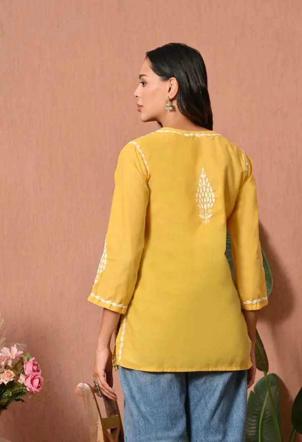 Women_Hand_Embroidered_Lucknowi_Chikankari_Cotton_Straight_Short_Top_Yellow_Colour_Yellow