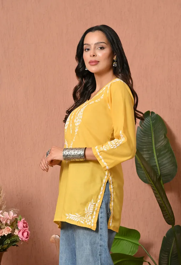 Women_Hand_Embroidered_Lucknowi_Chikankari_Cotton_Straight_Short_Top_Yellow_Colour_Yellow