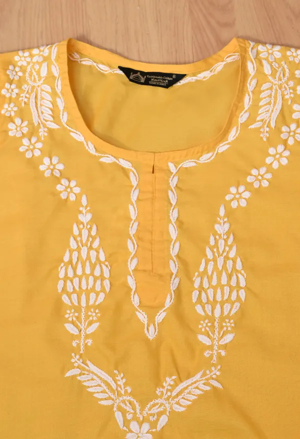 Women_Hand_Embroidered_Lucknowi_Chikankari_Cotton_Straight_Short_Top_Yellow_Colour_Yellow