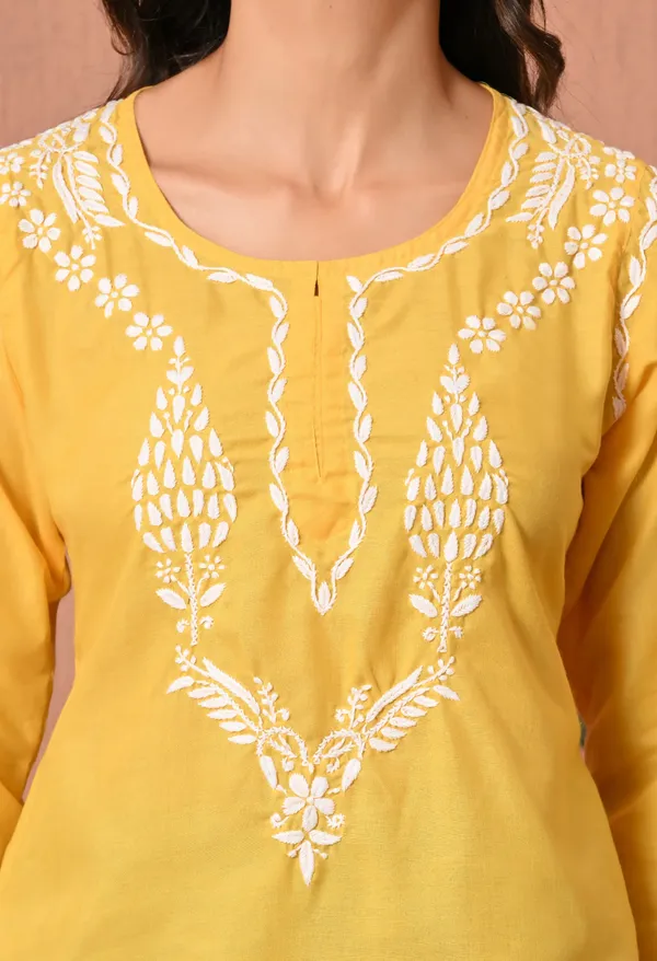 Women_Hand_Embroidered_Lucknowi_Chikankari_Cotton_Straight_Short_Top_Yellow_Colour_Yellow